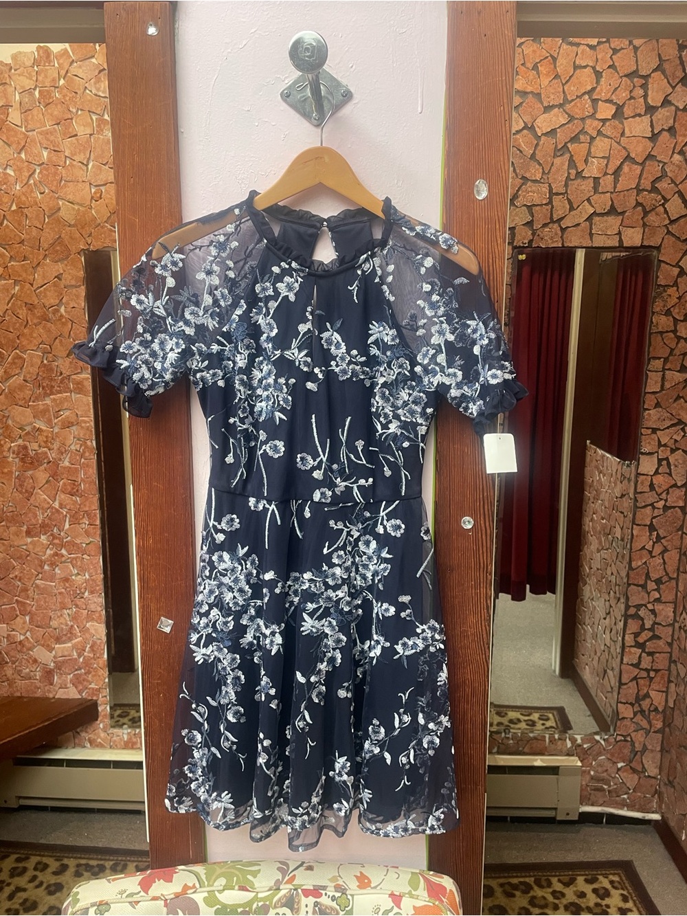 Kensie Navy and White Floral Mini Dress with Sheer Yoke